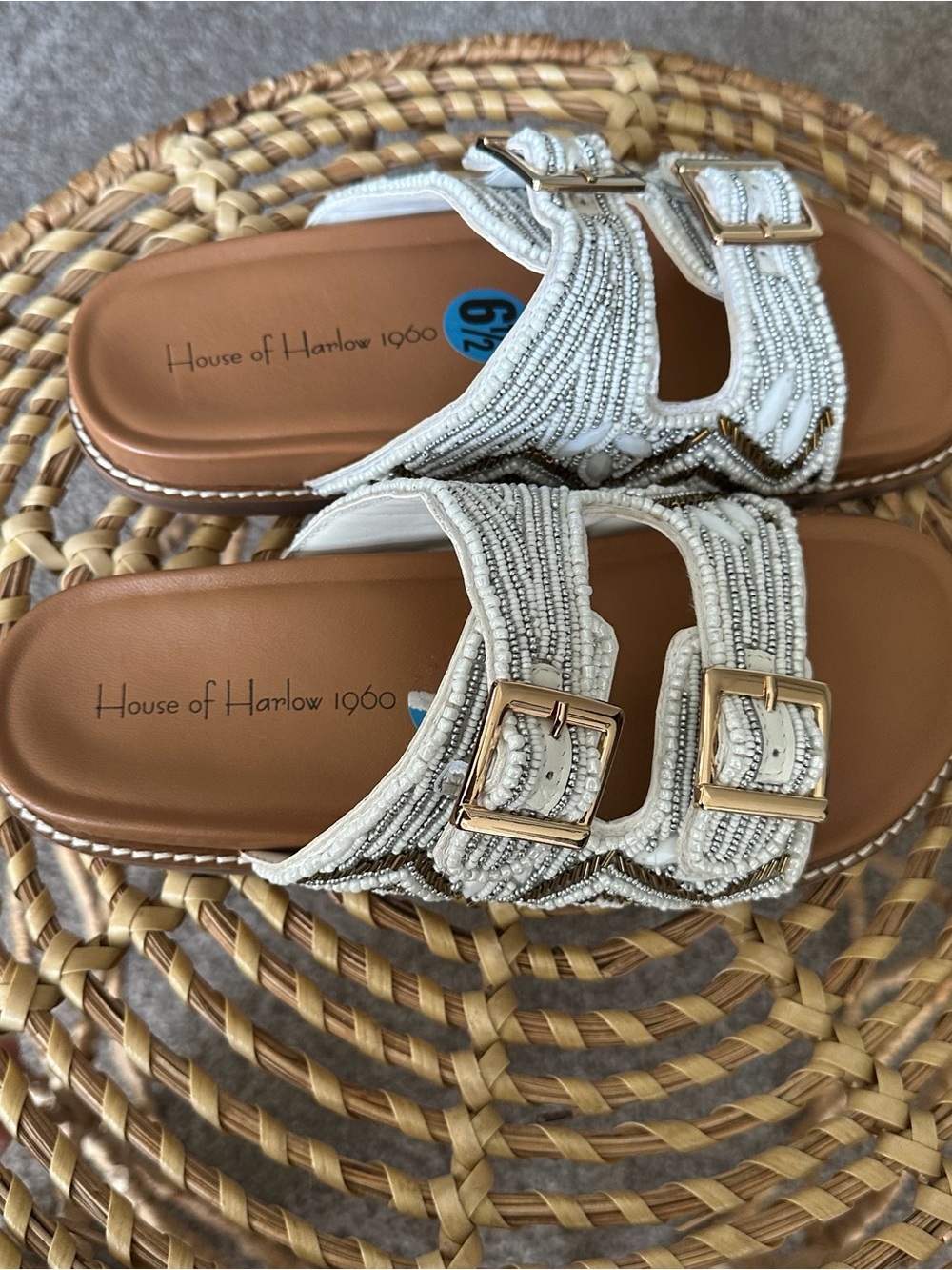 House of Harlow 1960 White Beaded Double-Buckle Slide Sandals Women’s US 6.5 - Picture 5 of 14